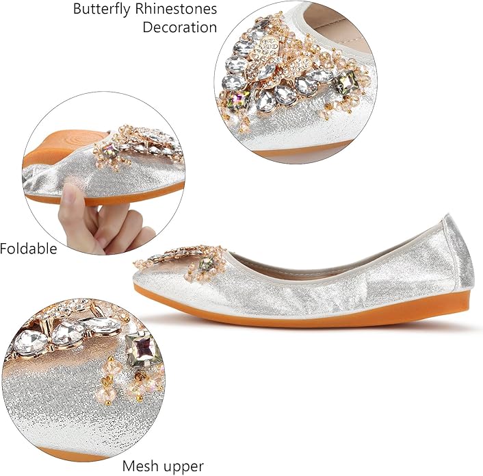 KUNWFNIX Women Ballet Flats Rhinestone Wedding Ballerina Shoes Foldable Sparkly Comfort Slip on Flat Shoes