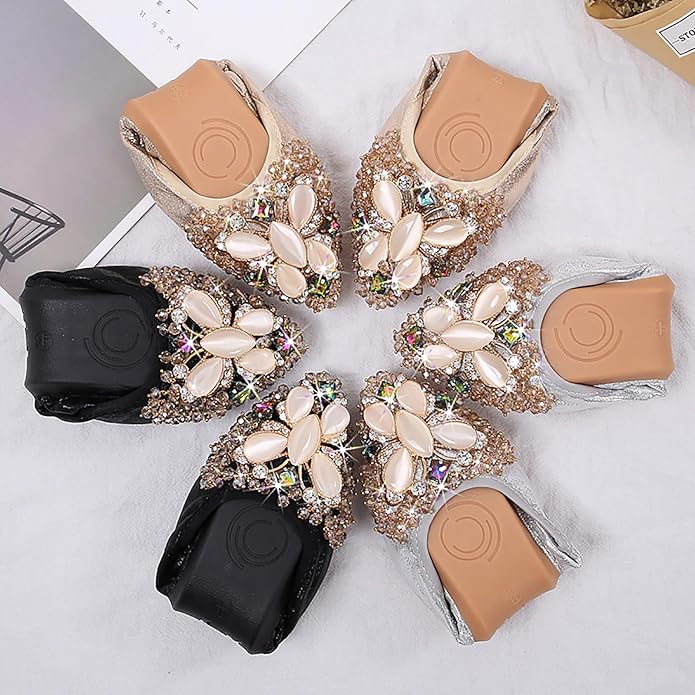 Women Ballet Flats Sparkly Rhinestone Wedding Ballerina Shoes Pointed Toe Foldable Comfort Slip on Flat Dress Shoes