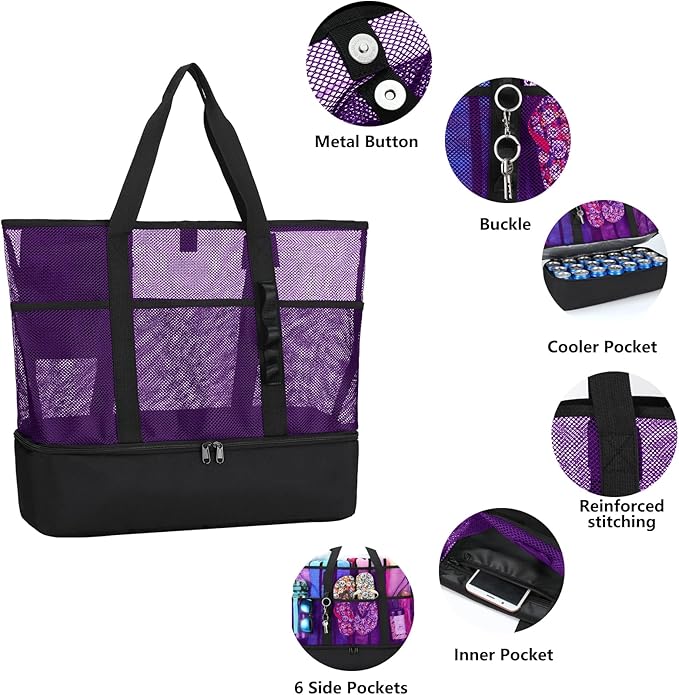 Beach Bag with Cooler,Mesh Beach Bags for Women Sandproof for Pool and Swimming Travel Daily with Durable 8 Pocket