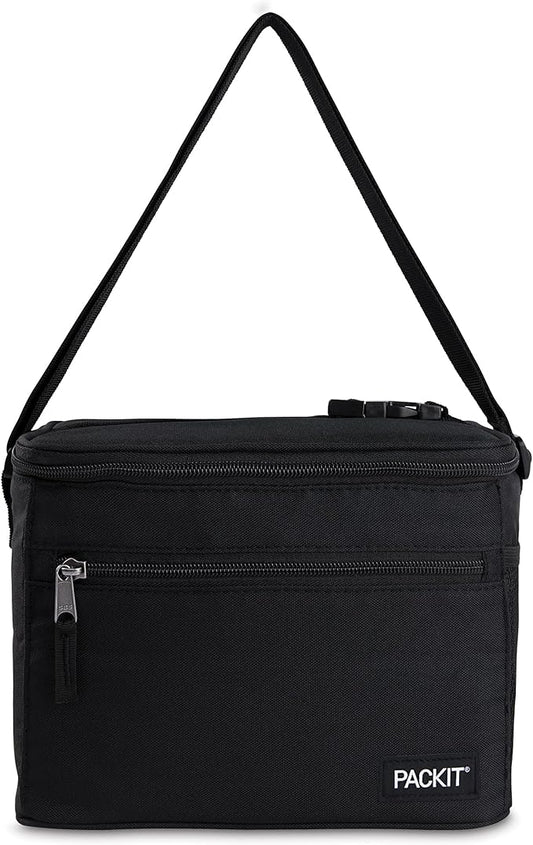 PackIt Freezable Essential Lunch Cooler, Black, Built with EcoFreeze Technology, Fully Freezable, Collapsible, Reusable, With Adjustable Crossbody Strap, Top Clip Handle, Designed for Fresh Office