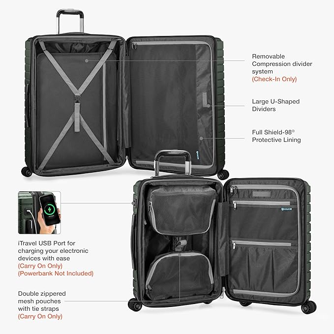 Traveler's Choice Archer Polycarbonate Hardside Spinner Luggage Set, Tie Down Straps, Green, Checked 29-Inch