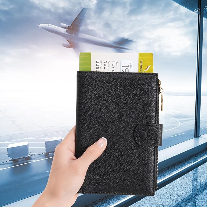 WASON Leather Passport Cover Travel Wallet RFID Blocking – Passport Holder Slot with Zipper Pocket for lD, Boarding Pass,Ticket, Cash, SD Card, Travel Essentials for Men and Women (Black)