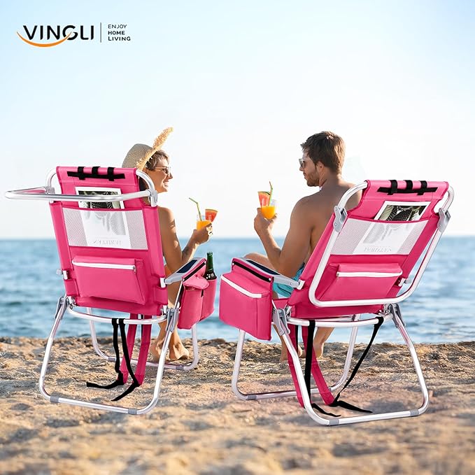 VINGLI Tall Beach Chair 2 Pack Lightweight, Backpack Beach Chair for Adults with 5-Position, Cooler Bag, Cup Holders, Towel Bar, Lightweight Folding Beach Camping Chairs