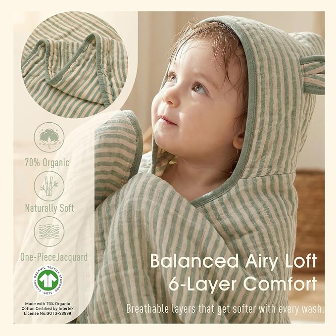 Ultra-Soft Muslin Toddler Hooded Towel – 55 x 28 Inches, Made with Organic Cotton, Gender-Neutral Sage Green Striped Jacquard Pattern, Ideal for Bath & Beach, Newborn to Toddler