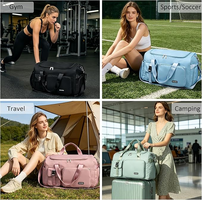 Eslcorri Gym Duffle Bag for Women Men, Sports Backpack with Wet & Shoe Compartment, Fitness Overnight Weekender Bag for Yoga, Swim, Travel (Style B, Pink)
