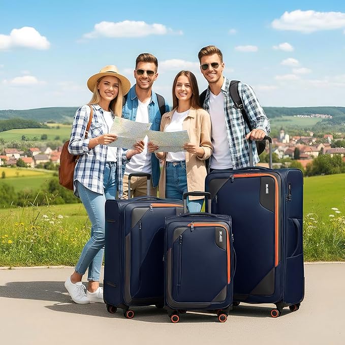 3-Piece Softside Expandable 20% Luggage Set with Front Open Pocket,Softside Suitcases w/Spinner Wheels,Lightweight Durable Rolling Luggage w/TSA LOCK（Navy,22in/28in/32in）