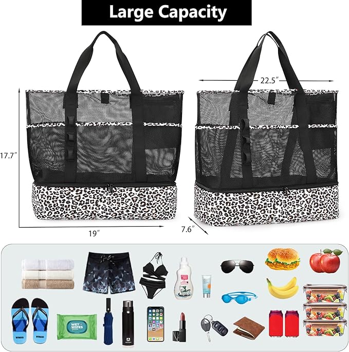 Beach Bag with Cooler,Mesh Beach Bags for Women Sandproof for Pool and Swimming Travel Daily with Durable 8 Pocket