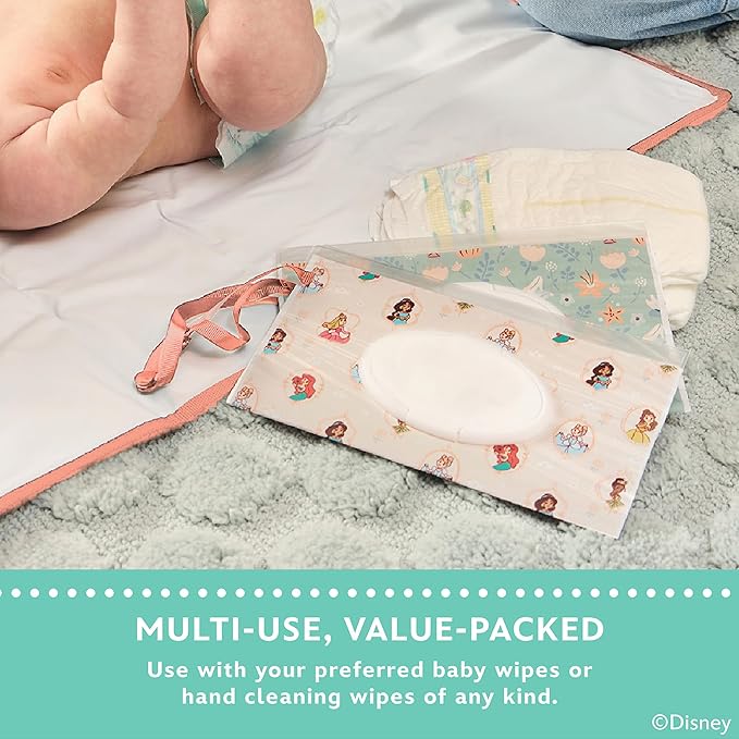Disney Baby by J.L. Childress Reusable Wet Wipes Case Pouch - Refillable Baby Wipes Dispenser, Travel Essential for On the Go, Portable Holder with Wrist Strap - Princess, 2 Pack