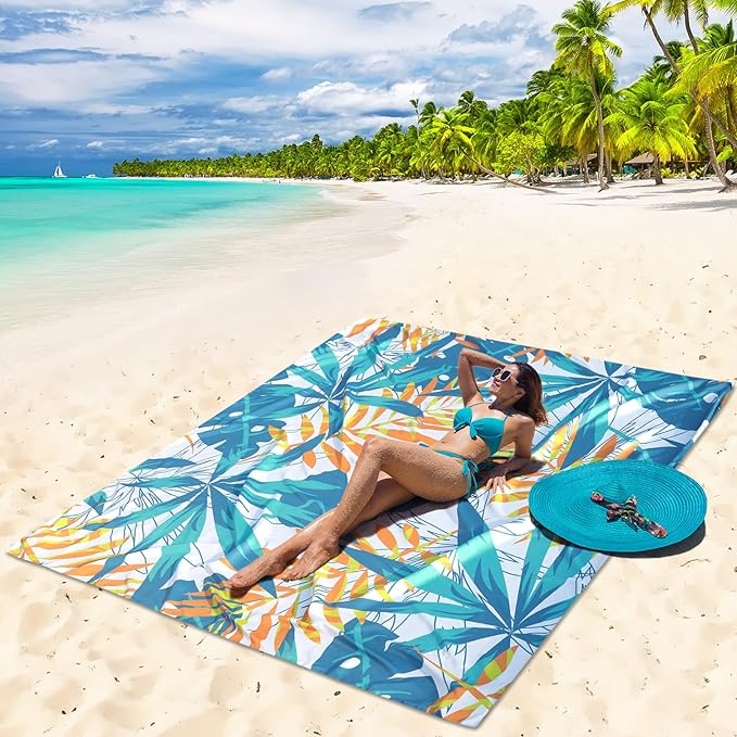 Beach Blanket Waterproof Sandproof Beach Mat for 1-8 Adults Quick Drying Durable Outdoor Picnic Mat for Beach Festival Travel Camping Hiking (W&GN&Y-Palm, 79"×83"(4 Person))