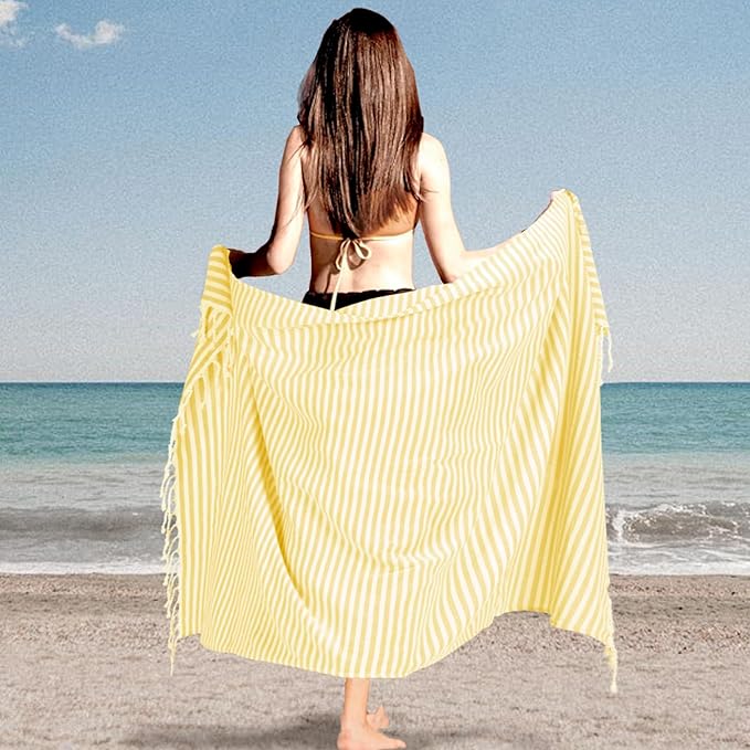 Turkish Striped Beach Towels Bulk Oversized 39"x71" Large Bath and Pool Set Quick Dry Lightweight Travel Towel for Adult,100% Cotton TEBT-18-1yellow