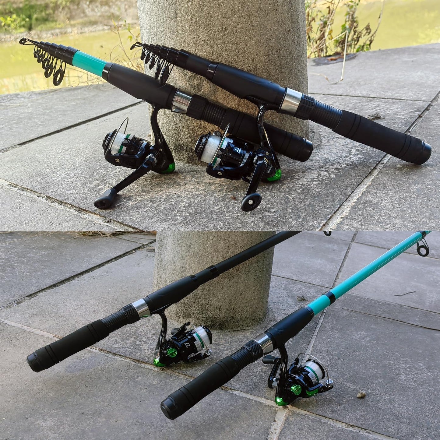 Fishing Rod Reel Set, 2PCS 2.1m/6.89ft Collapsible Fishing Rods + 2PCS Spinning Reels + Fishing Lures Hooks + Carrier Bag + Fishing Pliers Fish Lip Gripper for Travel Saltwater Freshwater Beginner