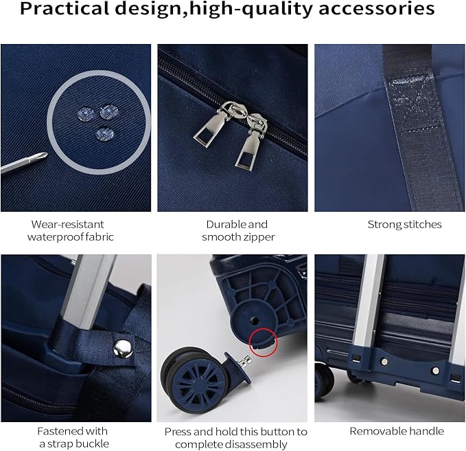 Rolling Duffle Bag with Wheels and Handle, Expandable Foldable Travel Bag - Wheeled Carry On Luggage, Collapsible Suitcase for Weekend Trips, Gym, Large Capacity & Waterproof (Blue)