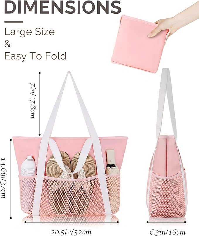 HOMESPON Beach Bag Large Waterproof Sandproof Foldable Tote for Women with Zipper Mesh Pockets for Pool Swim Travel Everyday
