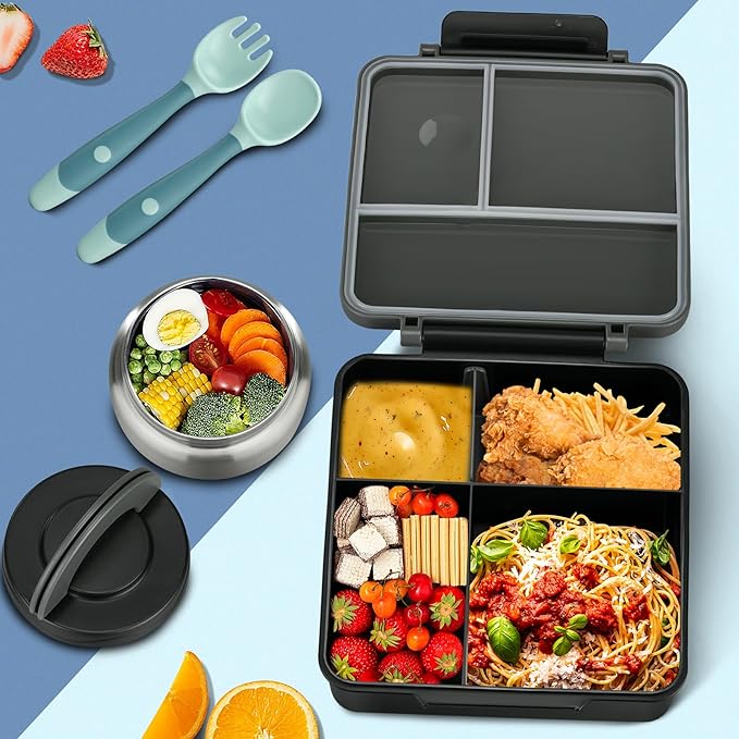 Itslife Bento Lunch Box for Kids with 8oz Soup Thermo&Lunch Bag, Leak-Proof Lunch Food Containers with 4 Compartment, Hot Food Insulated Food Jar for Kids School (Black&Grey)