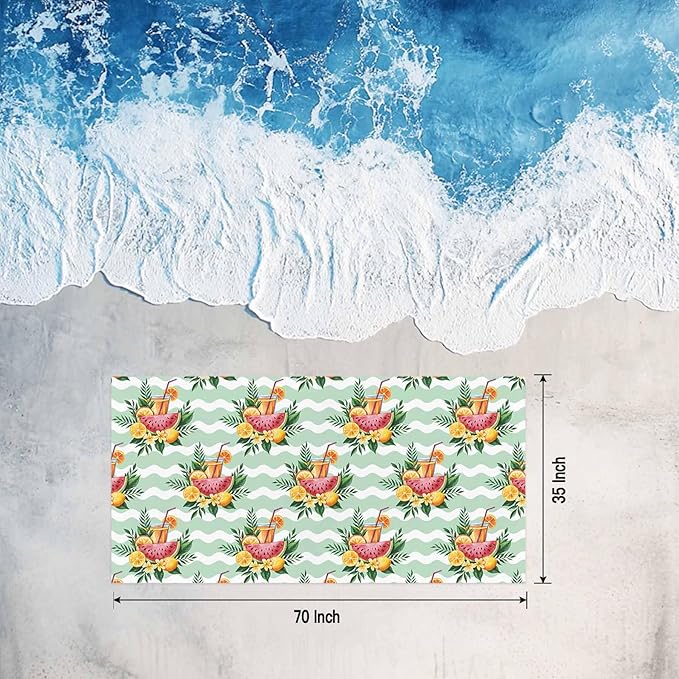 Summer Lemon Watermelon Beach Towel 35" x 71" Tropical Plants Quick Dry Sand Free Pool Towels Green Waves Stripes Soft & Absorbent Compact Towels Beach Accessories for Travel Bathroom Swimming Pool