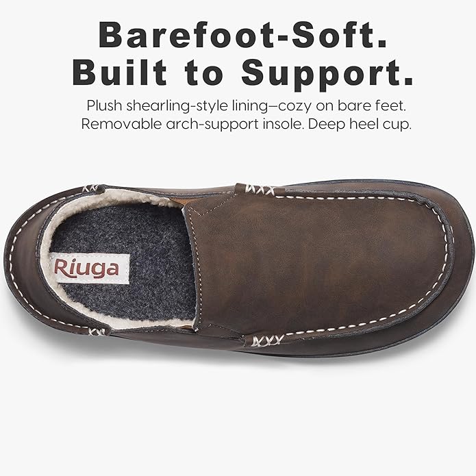 Men’s Premium Everyday Moccasin Slippers Crafted Leather Upper Plush Shearling-Style Lining Removable PU Arch Support Insole with Deep Heel Cup Non-Slip Non-Marking Rubber Sole Fold-Down Heel Indoor Outdoor
