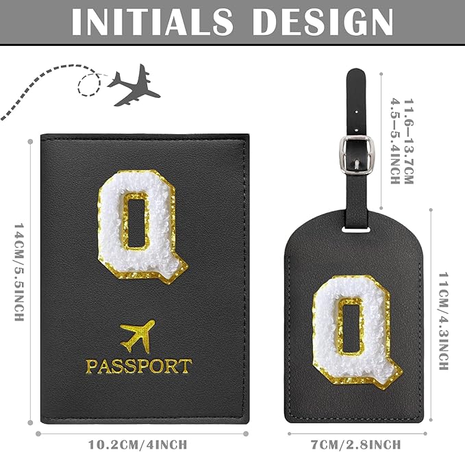 COSHAYSOO Black Passport Cover Holder and Initial Luggage Tag Set TSA Approved with Personalized Monogram Chenille Letter Patch for Women Teen Girls Couples, Preppy Travel Bag Suitcase Identifier (Q)
