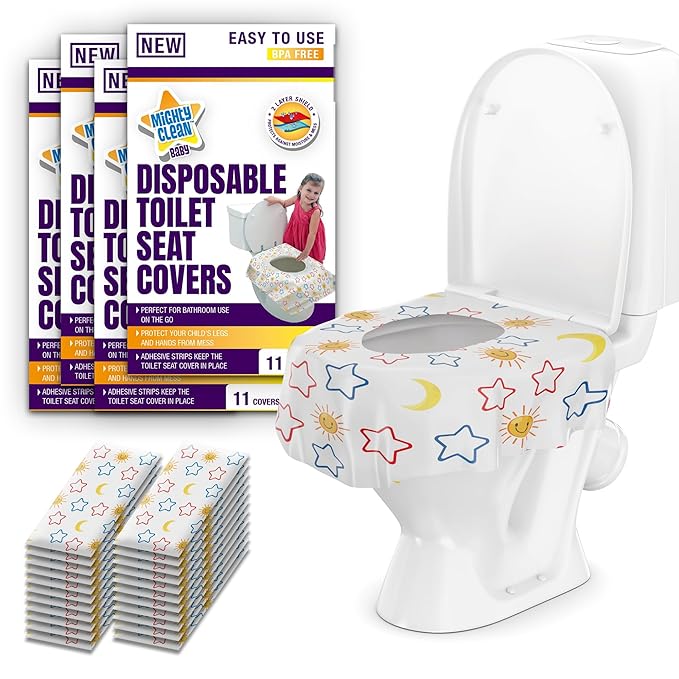 Toilet Seat Covers Disposable Value Pack - 44 Large Waterproof Potty Covers for Toddlers, Kids, and Adults by Mighty Clean Baby - 4 Packs of 11 Covers