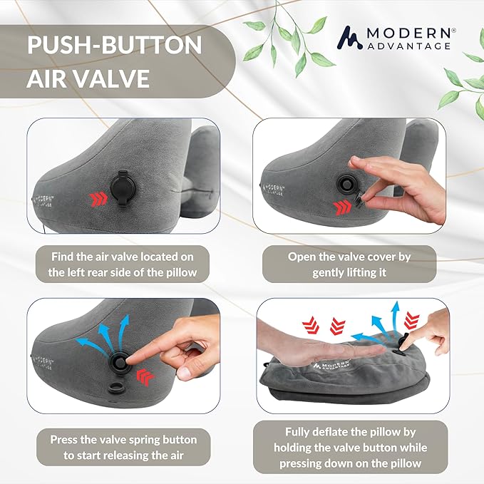 Modern Advantage Inflatable Travel Pillow for Airplanes with Comfort Hood, Adjustable Neck Support, Lightweight & Compact Flight Pillow for Sleeping on Long Flights & Travel (Grey)