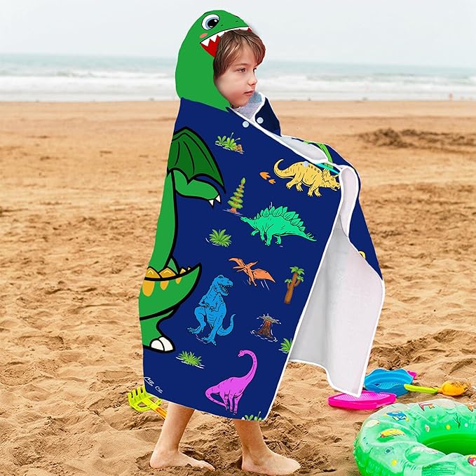 Dinosaur Hooded Beach Towel for Boys, Soft & Absorbent T-Rex Dinosaur Poncho Towel, 30”x50” Green Blue Bathrobe for Kids Cool Cartoon, Quick Dry Swim, Pool, and Bath Time