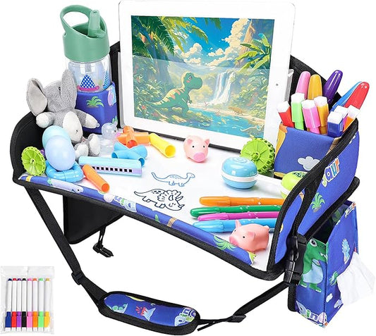 Kids Travel Tray for Airplane - Toddler Car Seat Table Tray, Road Trip Essentials for Boys & Girls, Carseat Lap Desk for Kids Road Trip Activities,Blue Dinosaur