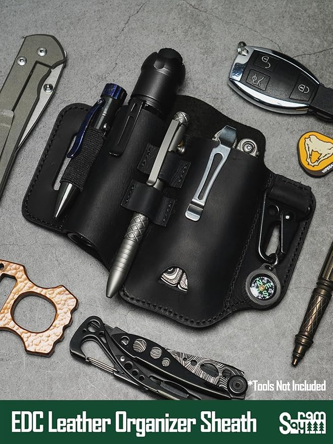 ST2 Leather Multitool Sheath, EDC Leather Belt Organizer, Belt EDC Organizer for Leatherman Tools, Flashlight, Pen, and Keychain Clip, Great for Work and Daily Use, Ideal Gift for Men