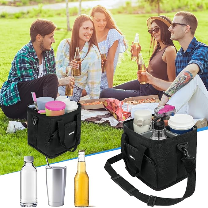 Reusable Drink Carrier with Handle – Insulated, Collapsible 4-Cup Beverage Bag with No-Spill Base, Adjustable Dividers & Shoulder Strap, Portable Caddy for Delivery, Car and Travel, Black