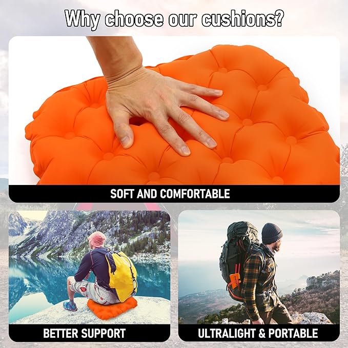 Inflatable Seat Cushion, Lightweight Stadium Seat Pad, Travel Air seat Cushion Anti-Slip for Airplane, Hiking, Climbing, Home and Camping,Orange