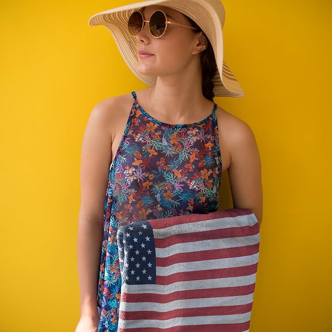 USA American Flag Beach Blanket Towel 30”x60” – 100% Cotton Velour, Highly Absorbent, Fast Drying, Easy-Pack for Spring Break, Vacation, Beach, Pool, or Sunbathing, Lightweight, Compact