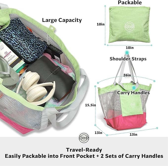 STOVER Extra Large Mesh Beach Bag, Vacation, Pool, Shopping & Travel Tote - Foldable w/Storage Pouch & Pockets for Women, Men