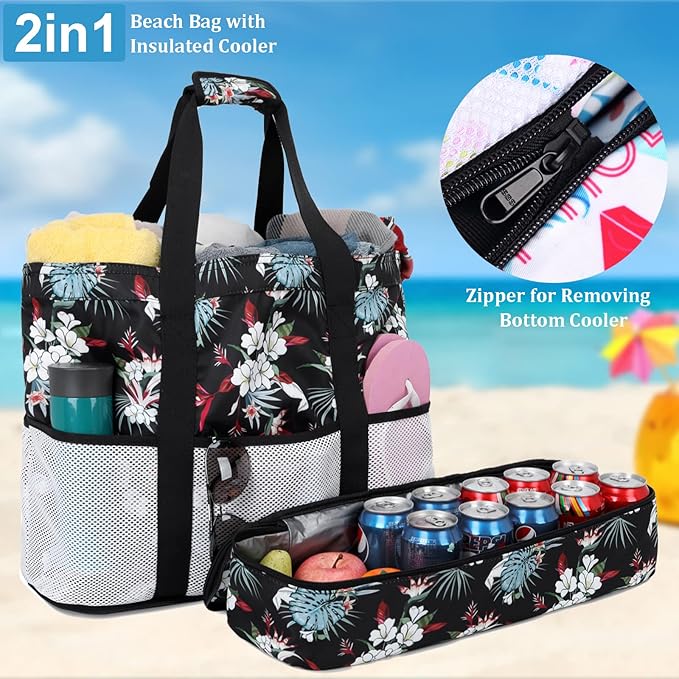 JIANYA Beach Bag Women Waterproof Sandproof Beach Tote Bags with Cooler Top Zipper Large Totes for Pool Travel Daily