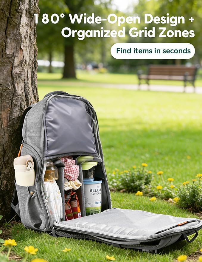 BABELIO Grid Wizard Diaper Bag Backpack - Multi Function Waterproof Diaper Bag, Travel Essentials Baby Bag with Insulated Bottle Holders, Baby Shower Gifts, Grey