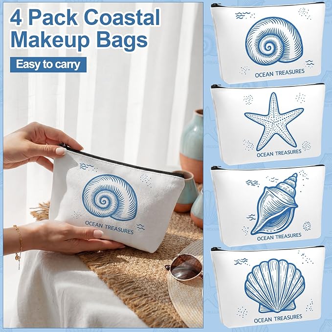 4 Pack Coastal Cosmetic Bags Beach Themed Gifts Starfish Seashell Conch Coral Makeup Pouches Zippered Travel Toiletry Bags for Women Beach Summer Trip Organizer Set(Simple)