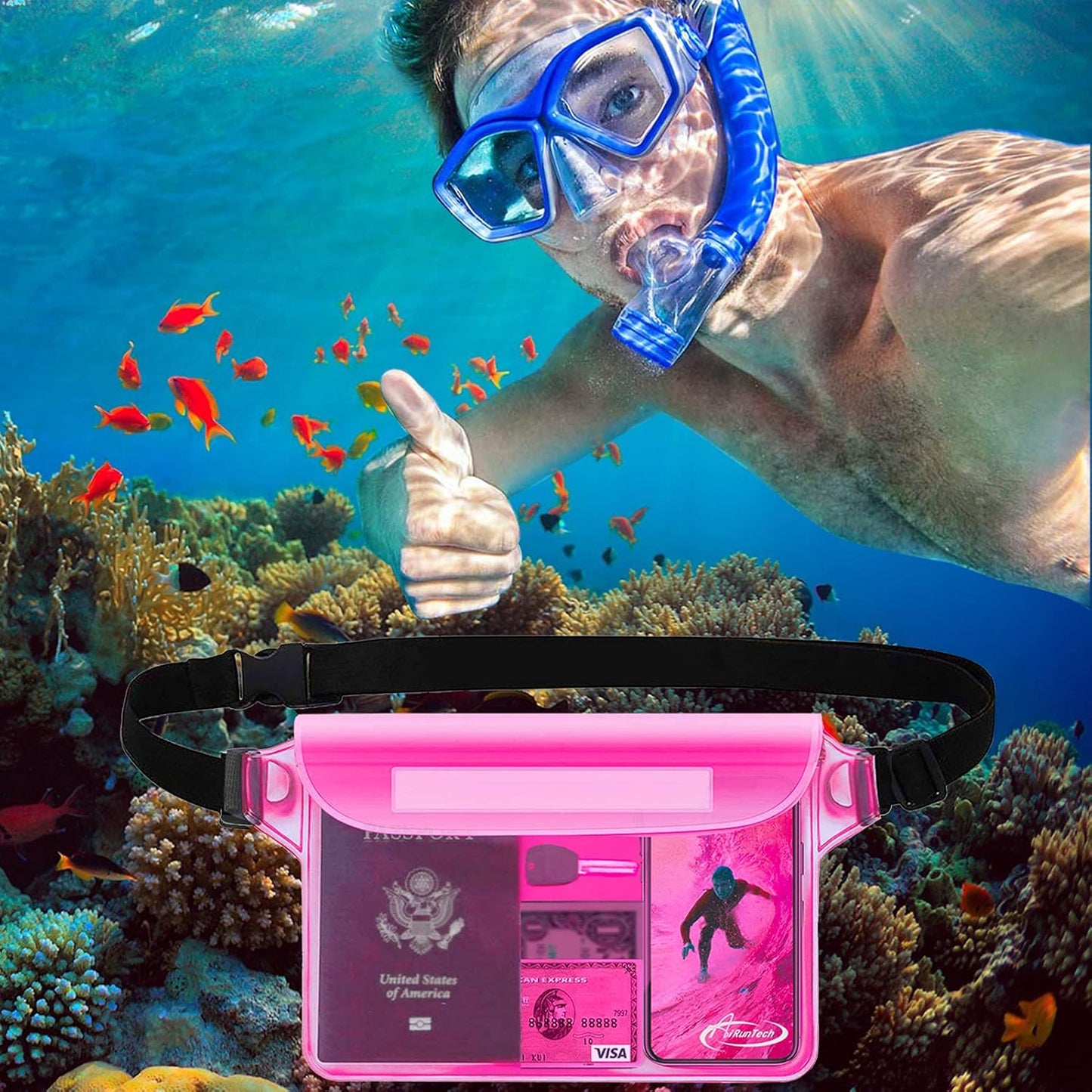 AiRunTech Waterproof Pouch with Waist Strap (2 Pack) | Beach Accessories Best Way to Keep Your Phone and Valuables Safe and Dry | Perfect for Boating Swimming Snorkeling Kayaking Beach Pool Water Park