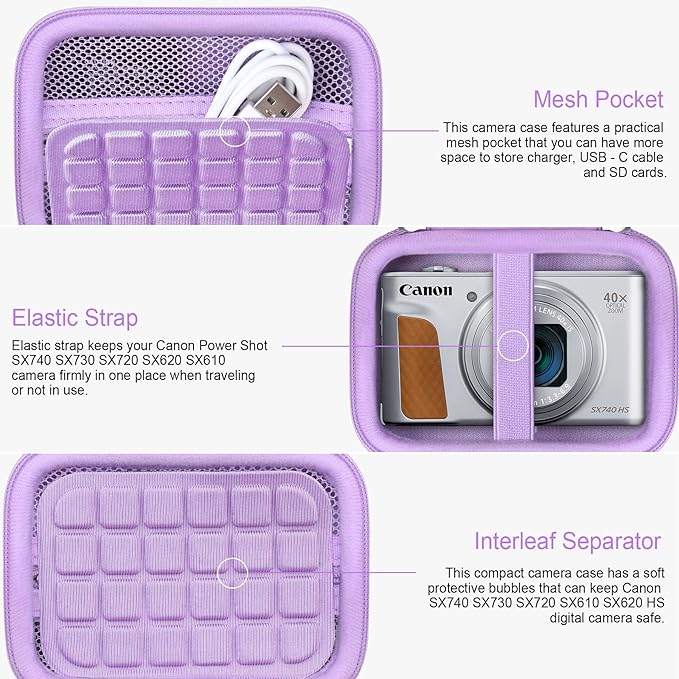 RAIALL Carrying Case for Canon PowerShot SX740/ SX730/ SX720/ SX710/ SX610/ SX260/ ELPH 360 HS Digital Camera, Vlogging Camera Travel Hard Bag, Mesh Pocket for Battery, SD Cards and USB Cable, Purple