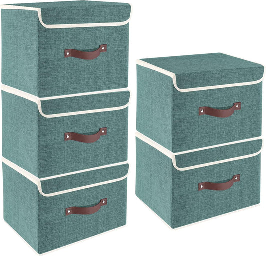TYEERS Foldable Storage Boxes with Lids 5 Pack Fabric Storage Bins with Lids, Closet Organizers for Clothes Storage, Room Organization, Office Storage, Toys - Aqua Deep