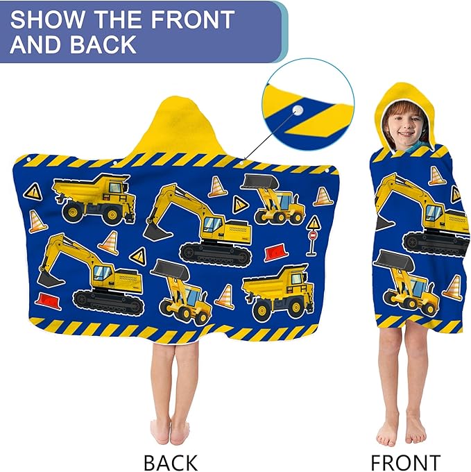Kids Beach Towel With Hood - Excavators Vehicles Engineering Theme for Boys Girls, Microfiber Soft Bath Poncho Bathrobe Wrap Robe for Swim Pool - Cool Children's Gift