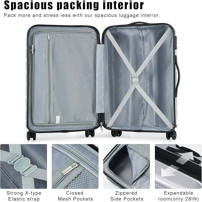 Coolife Luggage 3 Piece Set Suitcase Spinner ABS+PC Hardshell Lightweight TSA Lock USB Port, 20in 24in 28in Carry on Expandable (only 28’’), Silver