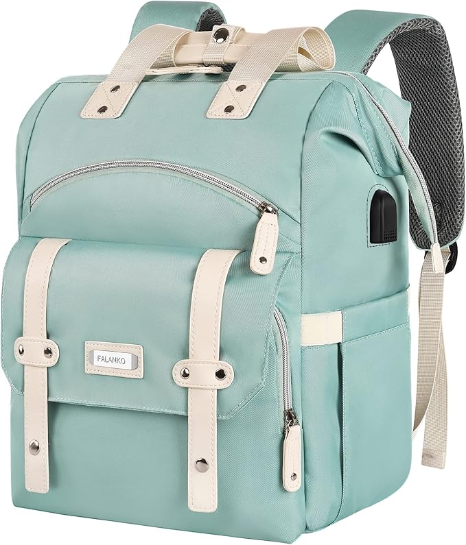 FALANKO Laptop Backpack for Women,Doctor Teacher Nurse Work Bookbag for 15.6 Inch Laptop,Large Travel Wide Open College Shoulder Purse Bag With RFID Anti Theft USB Charging Port-Green