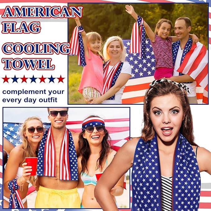12 Pack Patriotic Cooling Towel with American Flag 40" x 12" Cooling Neck Wraps Microfiber Instant Cool Towel Red White and Blue Workout Towels Patriotic Party Supplies