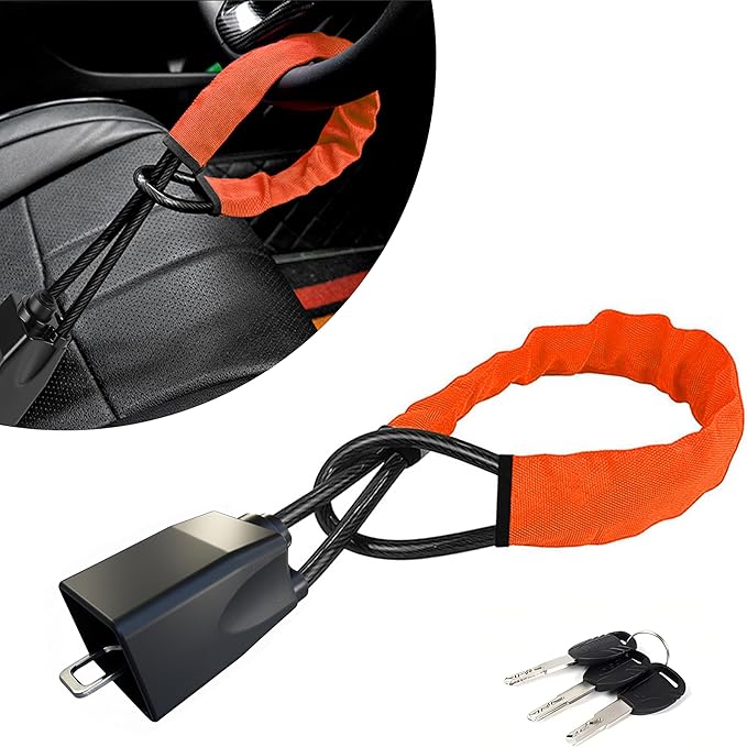 Car Steering Wheel Lock,Theft Prevention Device Seat Belt Lock Quick Install,3 Keys Included (Orange)