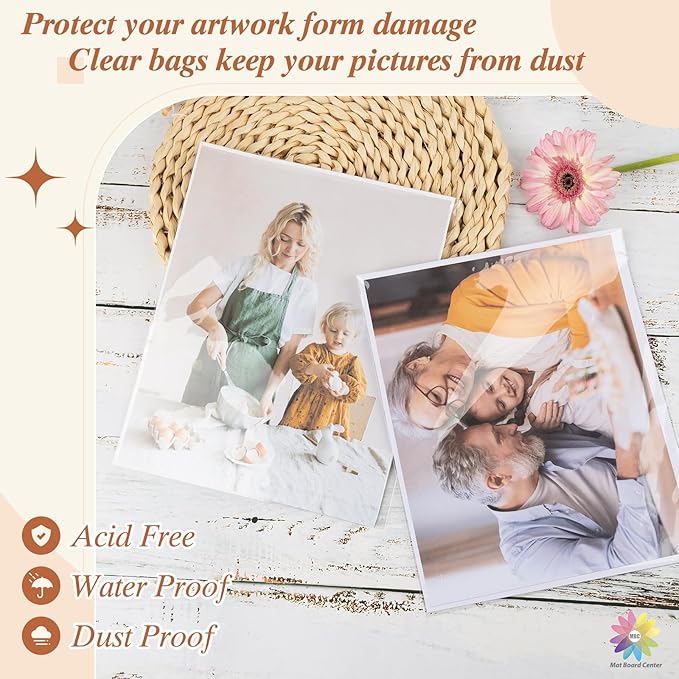 Mat Board Center 100 Pcs 8x10 Inches Clear Resealable Plastic Sleeves, Self Sealing Polypropylene Bags for 8x10 Prints, Photos, Artworks
