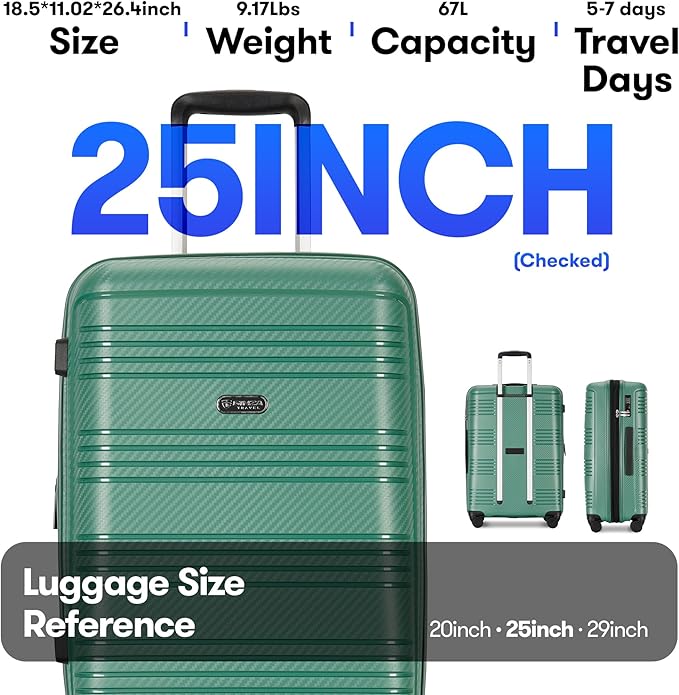 GinzaTravel 25 Inch Medium Checked Luggage Lightweight Suitcase with Spinner Wheels TSA Lock, Green