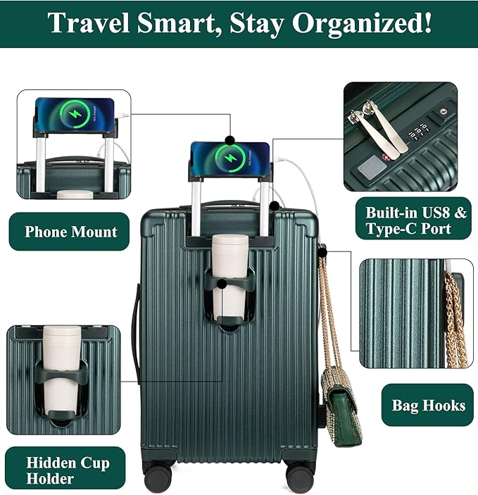 feilario 20in Hardside Spinner Wheel Luggage with Zipper Closure, Built-In TSA lock Carry on Suitcase, with Cup Holder & USB Port & Phone Holder White(with zipper closure, 20in)