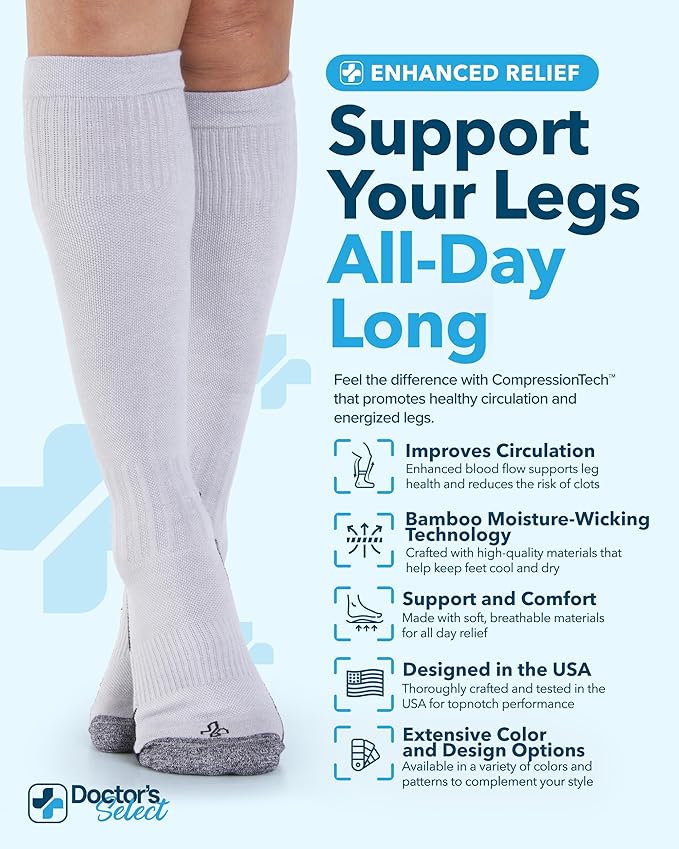 Doctor's Select Bamboo Viscose Light Compression Socks for Women & Men - 3 Pairs, 8-15 mmHg Compression Socks, Knee High