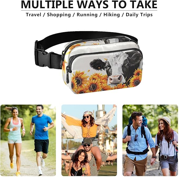 Kawaii Cow Sunflower Fanny Pack for Women Men Water Resistant Fashion Waist Packs with Adjustable Strap Belt Bag for Travel Workout Jogging Hiking 21220226