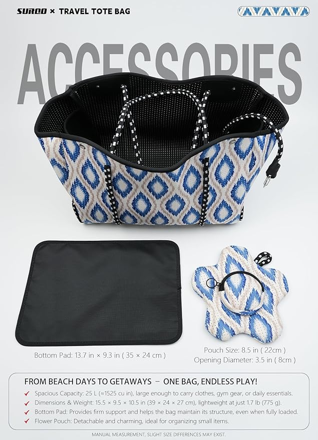 Neoprene Tote Bag for Women, Large Travel Beach Bag with Detachable Pouch, Stylish Lightweight Everyday Carryall