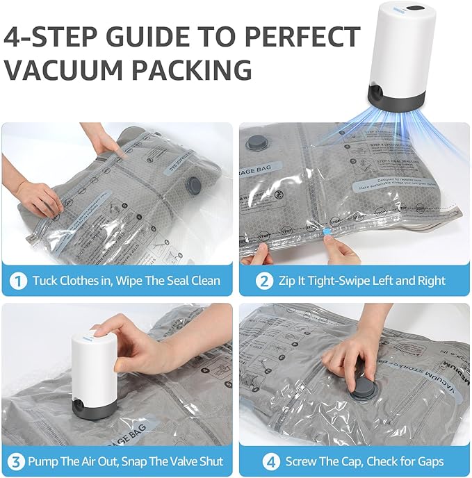 Vacuum Bags for Travel with Rechargeable Pump, 3 Sizes Vacuum Seal Bags for Clothing, Compression Vacuum Travel Bags for Luggage, Vacuum Packing Bags for Closet Organization (6)