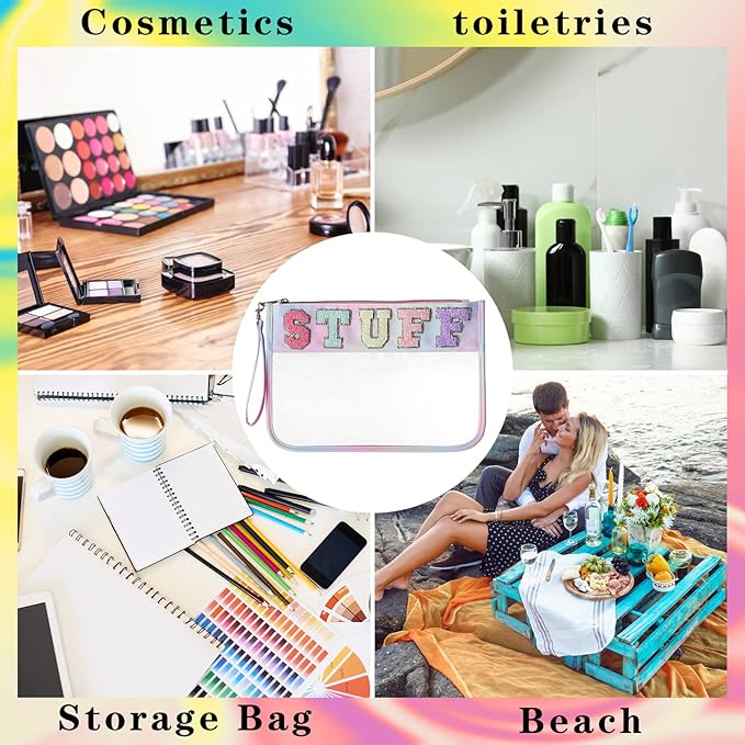 DYSHAYEN Chenille Letter Clear Zipper Pouch for Travel,Nylon Clear Cosmetic Bag,Makeup Travel Bag for Women Girls 11.8 Inches x 8.2 Inches