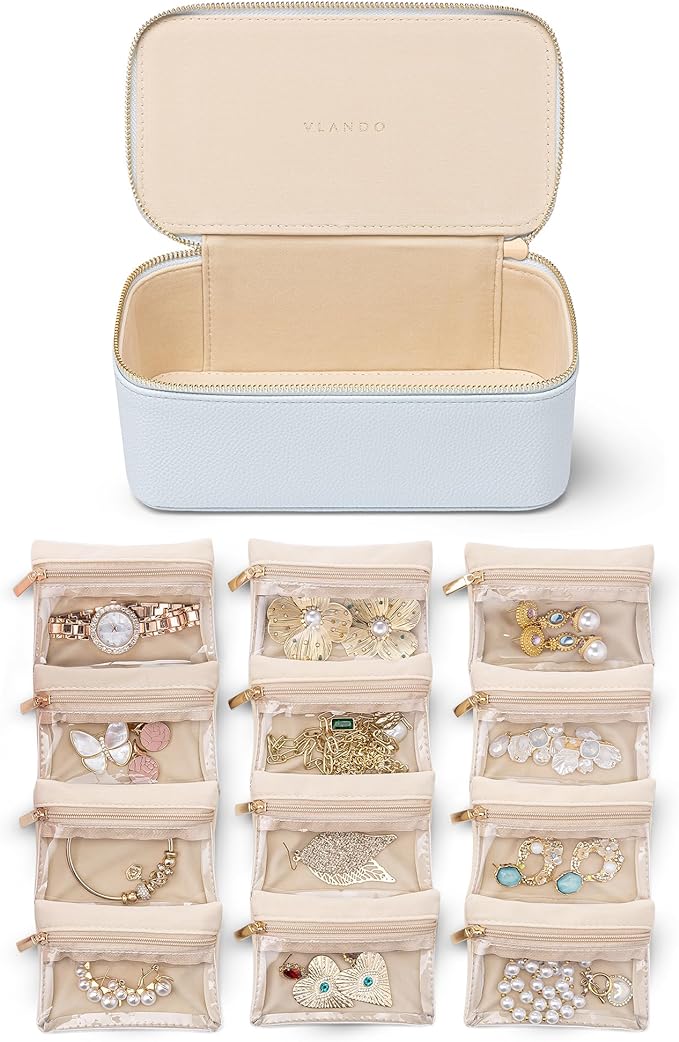 Vlando Jewelry Travel Case,Travel Jewelry Organizer with Clear Velvet Jewelry Bags 12Pcs Zipper Pouch for Women Girls-Baby Blue